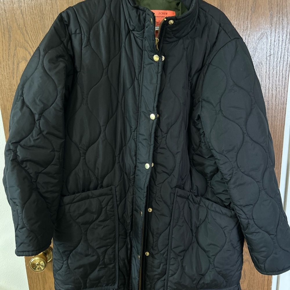J. Crew Black Quilted signature Puffer Coat with zipper and Snaps Front
